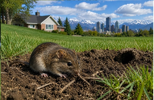 Close-up of a vole in a damaged lawn beside an open burrow hole, with a residential home and Calgary skyline blurred in the background.