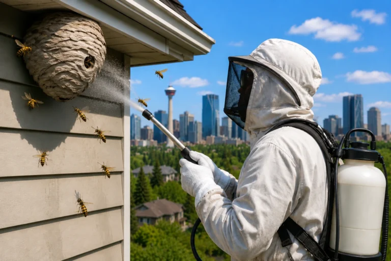 Pest control technician in protective gear spraying a large wasp nest attached under the roof eaves of a Calgary home.