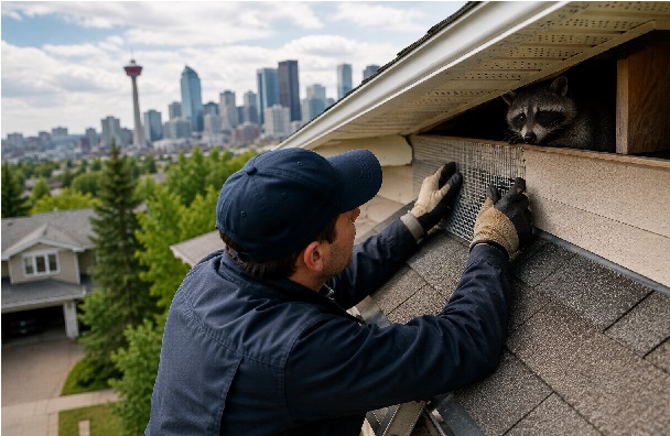 Wildlife control technician installing exclusion mesh on a residential roof in Calgary while a raccoon is visible inside the attic opening.