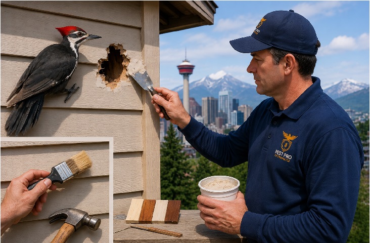 Pest Pro Exterminator technician in branded navy uniform repairing woodpecker damage on exterior siding while a woodpecker perches nearby, showing professional wildlife damage repair and prevention. Professional Woodpecker Hole Repair and Color Matching in Calgary (2026 Guide)