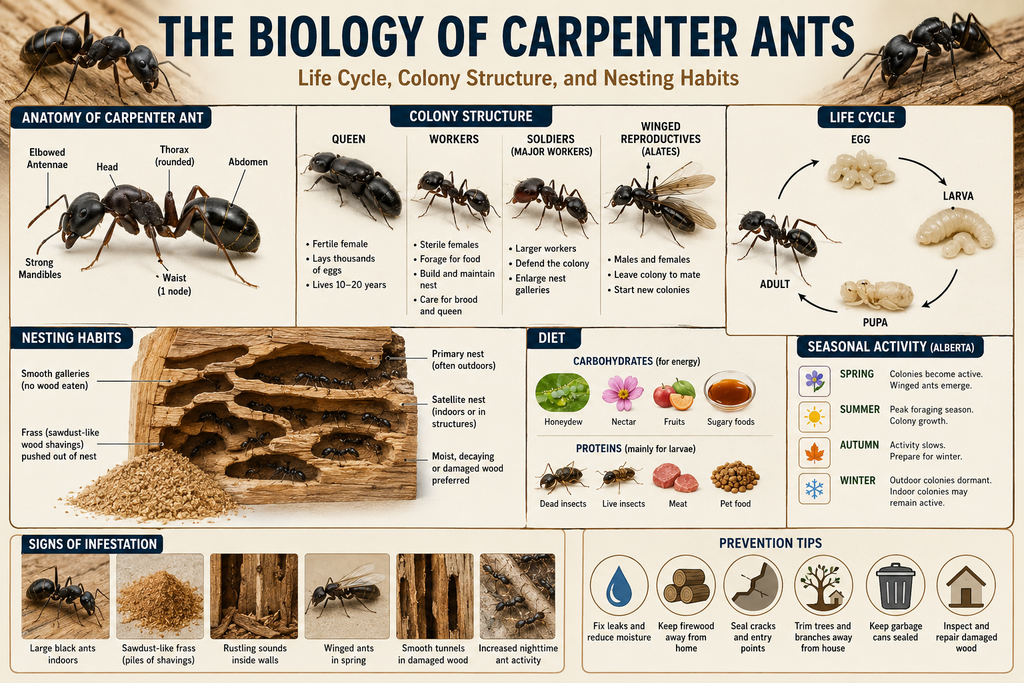 Educational infographic explaining the biology of carpenter ants, including their anatomy, colony structure, life cycle, nesting habits, diet, seasonal activity in Alberta, signs of infestation, and prevention tips.