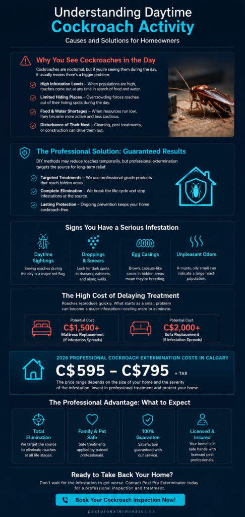 Infographic explaining why cockroaches are active during the day, signs of severe infestations, professional treatment benefits, and Calgary cockroach control solutions.