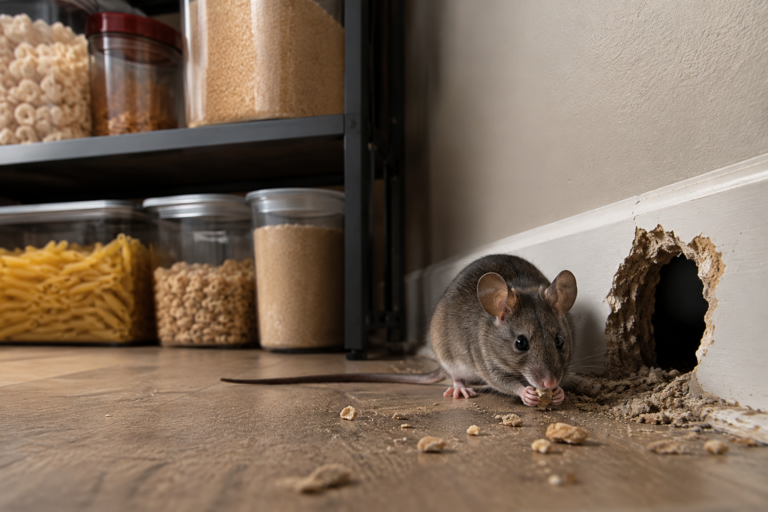 House mouse emerging from a hole in an interior wall beside a pantry shelf, demonstrating how mice enter homes through small openings in search of food and shelter.