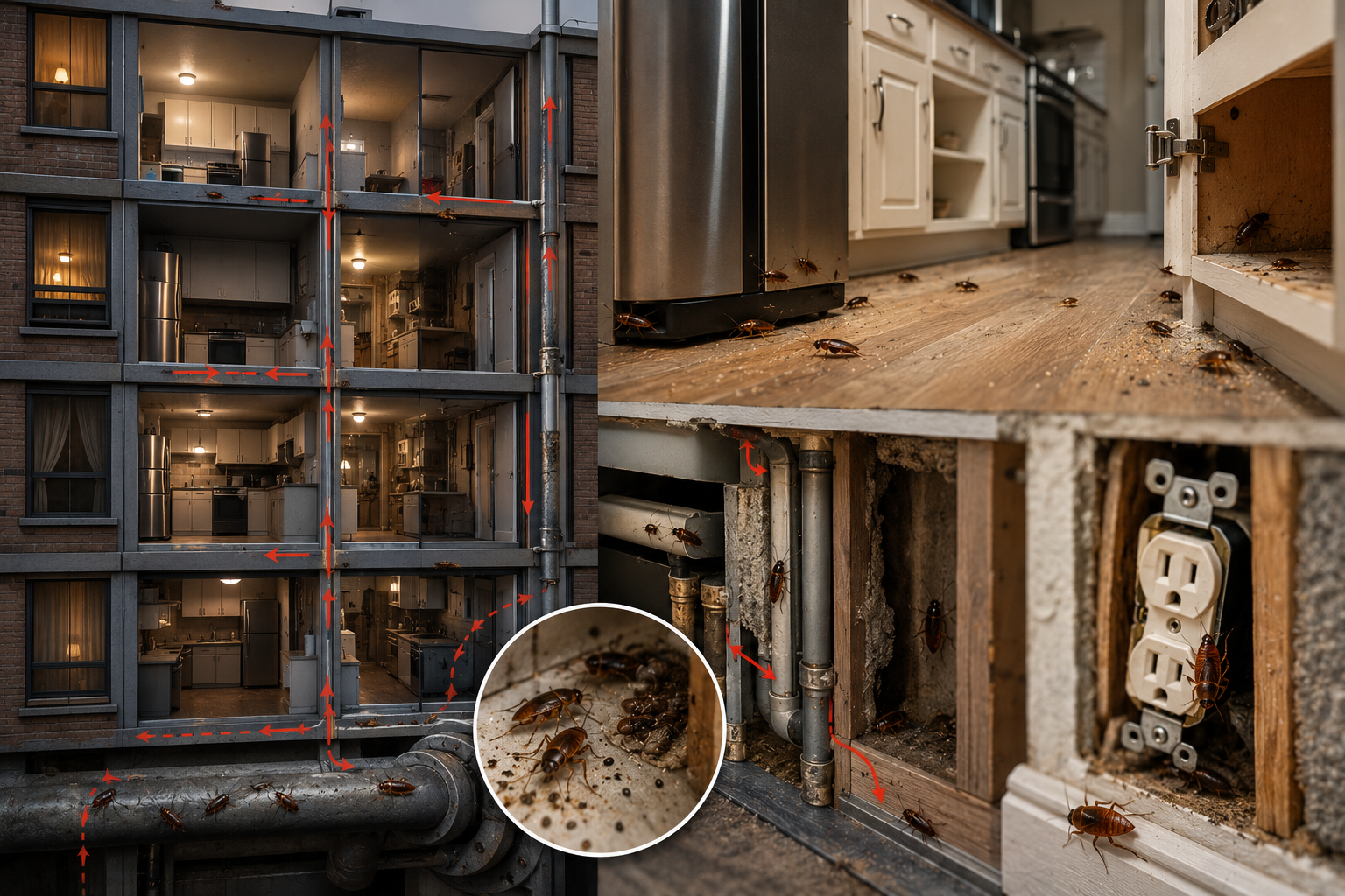 Illustration showing German cockroaches spreading through shared walls, plumbing pipes, electrical outlets, and kitchen spaces in a Calgary apartment building.