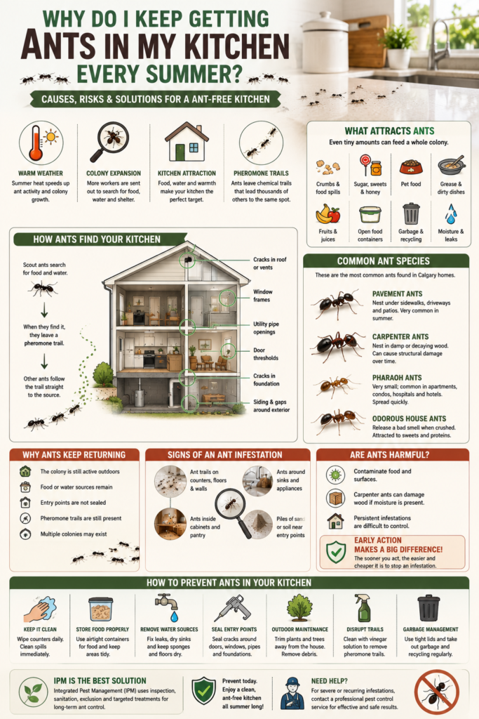 Infographic explaining why ants invade kitchens every summer, including common food and water attractants, pheromone trails, entry points, ant species found in Calgary, signs of infestation, health concerns, and practical prevention tips for homeowners.