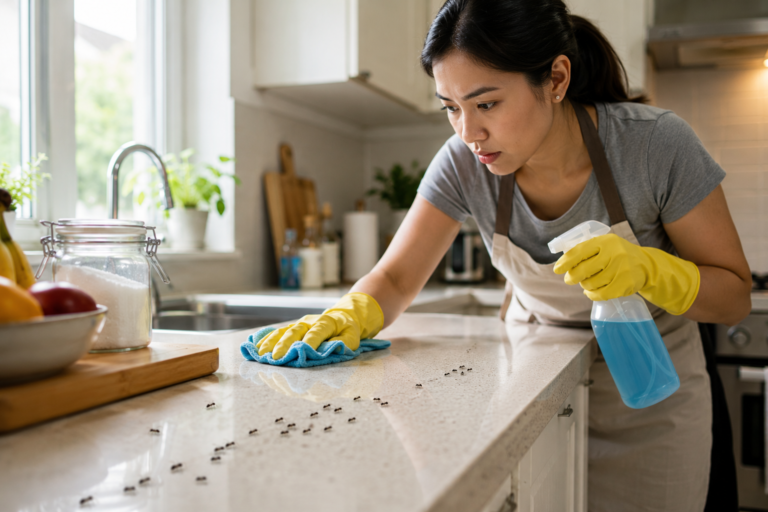 Homeowner cleaning ants from a modern kitchen countertop while following a trail of ants searching for food during a summer household infestation.