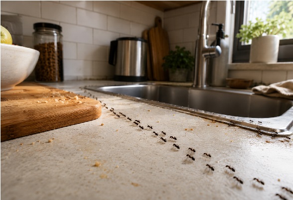Trail of ants moving across a kitchen countertop toward a sink, with visible crumbs and food residue scattered around the surface.
