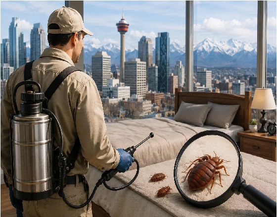 Pest control technician inspecting bed bugs. Pest control technician. Bed bug control in Calgary and nearby areas.