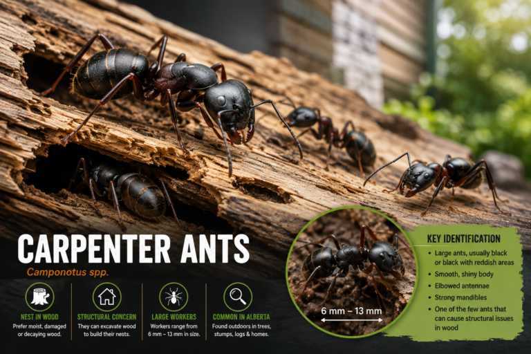 Carpenter ants (Camponotus spp.) crawling through damaged wood, with a close-up showing their large black and reddish bodies, identification features, and typical nesting habitat.
