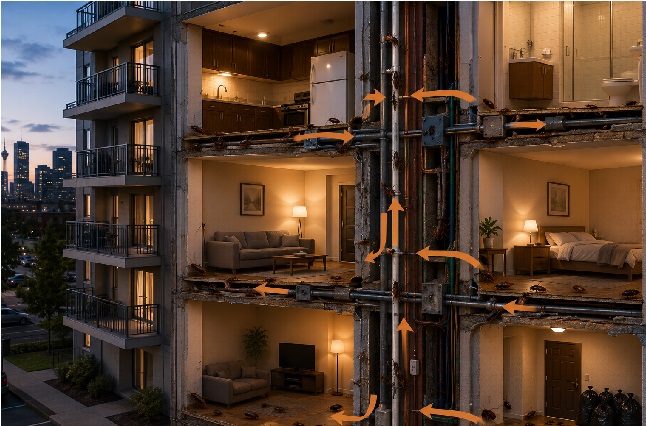 Cross-section image of a multi-unit apartment building showing cockroaches spreading through walls, pipes, and shared utility lines between suites.
