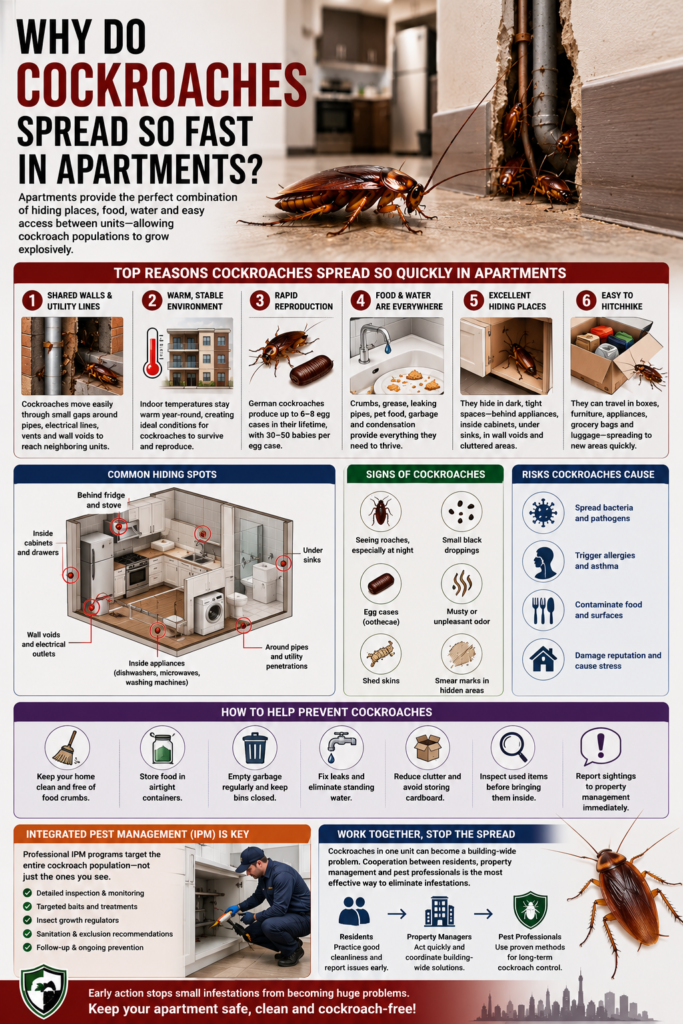 A detailed infographic explaining why German cockroaches spread rapidly in apartment buildings, featuring shared walls and utility lines, reproduction, food and water sources, common hiding places, warning signs, health risks, prevention tips, and Integrated Pest Management (IPM) strategies with realistic illustrations, apartment diagrams, and cockroach images.