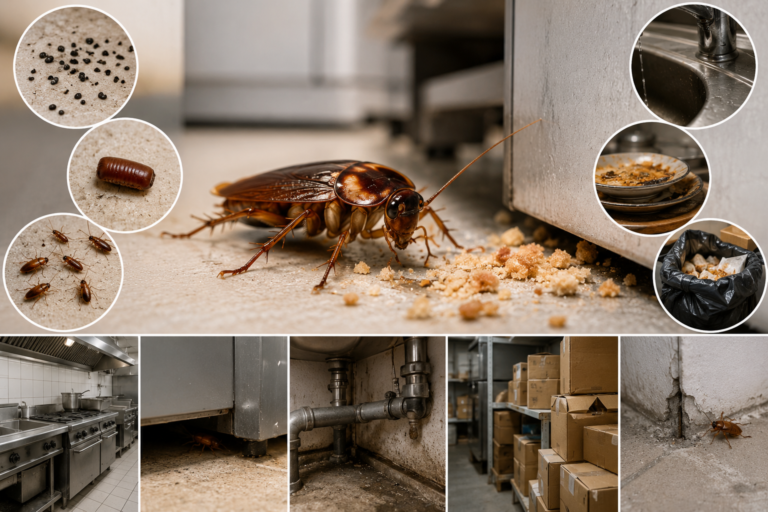Close-up of a cockroach crawling across a kitchen floor surrounded by food crumbs, with supporting images showing cockroach droppings, egg cases, leaking plumbing, dirty dishes, garbage, cluttered storage, appliance gaps, and wall cracks that contribute to infestations in homes and commercial kitchens.