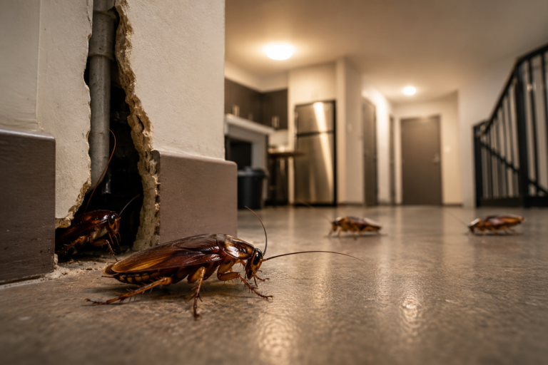 A close-up of several German cockroaches crawling out of a crack in the wall of an apartment hallway and kitchen area, illustrating how cockroaches spread between units through hidden structural openings.