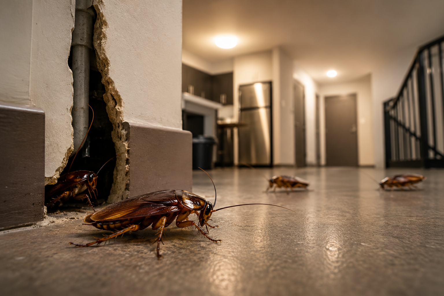 A close-up of several German cockroaches crawling out of a crack in the wall of an apartment hallway and kitchen area, illustrating how cockroaches spread between units through hidden structural openings.