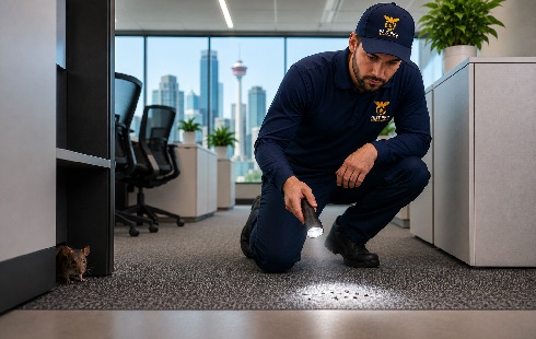 Pest control technician inspecting office