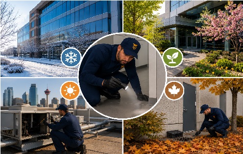 Collage of a commercial office building across all four seasons with a pest control technician performing inspections indoors and outdoors, illustrating year-round pest management for commercial properties.