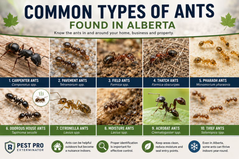Educational infographic showing 10 common types of ants found in Alberta, including carpenter ants, pavement ants, field ants, thatch ants, Pharaoh ants, odorous house ants, citronella ants, moisture ants, acrobat ants, and thief ants.
