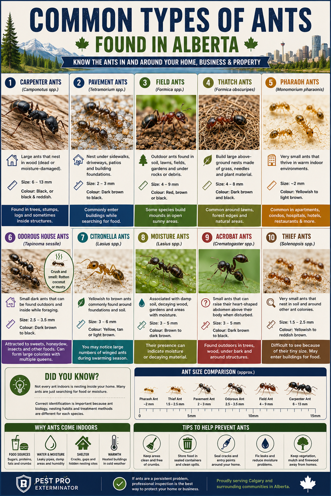 Detailed infographic about common ants found in Alberta, featuring carpenter ants, pavement ants, field ants, thatch ants, Pharaoh ants, odorous house ants, citronella ants, moisture ants, acrobat ants, and thief ants, with their scientific names, approximate sizes, colours, habitats, identification characteristics, size comparisons, and prevention tips.