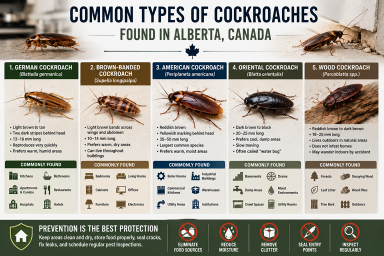 Educational infographic comparing the five most common cockroach species found in Alberta, Canada, including the German, Brown-banded, American, Oriental, and Wood cockroach, with realistic illustrations, identifying characteristics, preferred habitats, common locations, and prevention tips.