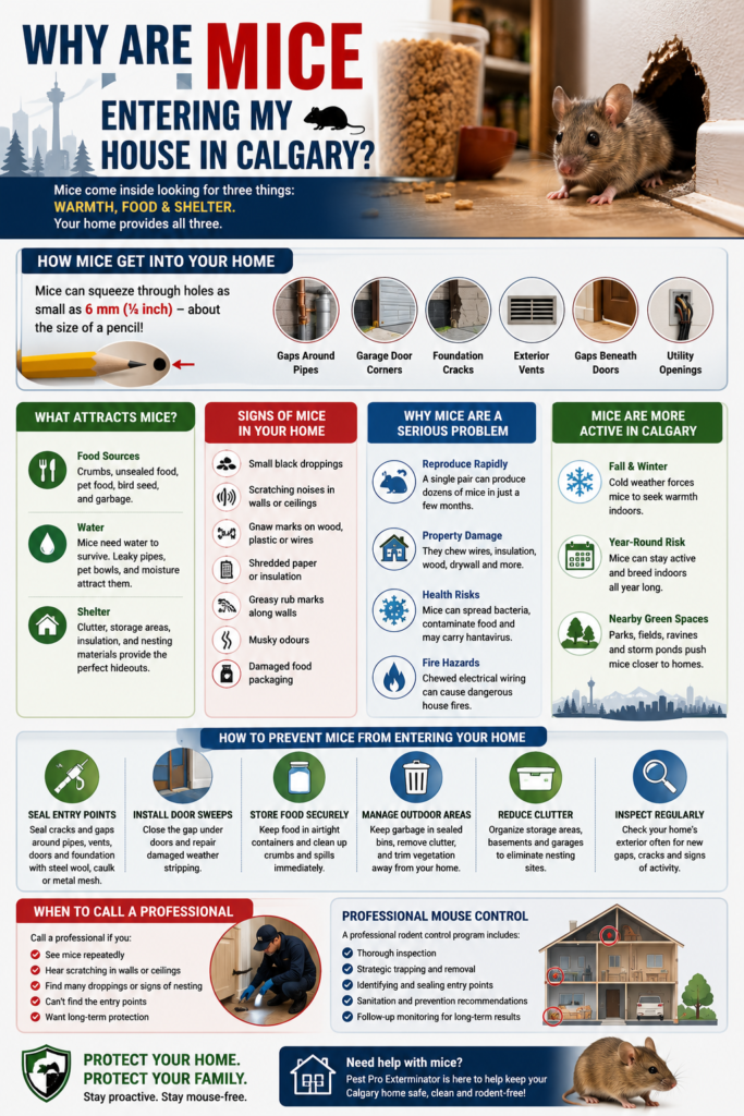 A detailed infographic explaining why mice enter homes in Calgary, showing common entry points, food and shelter attractants, warning signs of infestations, seasonal rodent activity, health and property risks, prevention tips, and professional mouse control solutions with illustrated icons, home diagrams, and a realistic house mouse.