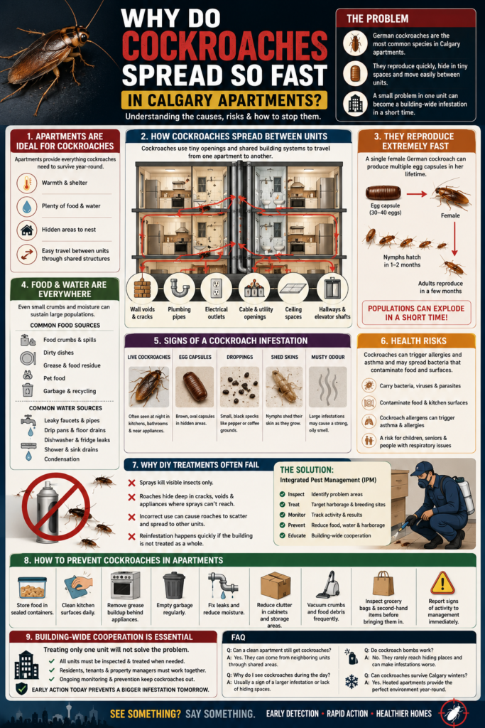 Infographic explaining why German cockroaches spread rapidly in Calgary apartment buildings, showing how they travel through shared walls, plumbing, electrical conduits, and neighboring units, along with infestation signs, health risks, prevention tips, and integrated pest management strategies.