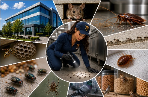 Collage of common commercial pests surrounding a professional pest control technician inspecting ants on a commercial kitchen floor, with images of mice, cockroaches, wasps, flies, spiders, birds, bed bugs, and stored product pests alongside a modern office building.inspecting various pests.