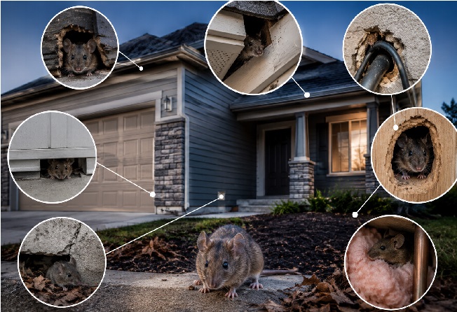 Composite image showing a mouse outside a residential Calgary home with multiple highlighted entry points, including roof gaps, foundation cracks, garage door gaps, utility line openings, and wall penetrations. Mice control near me.