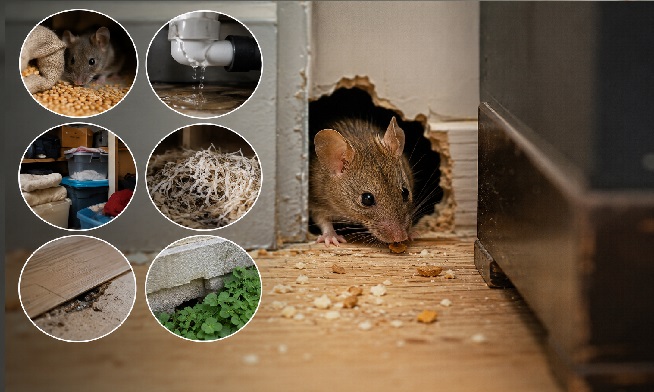 Realistic close-up of a house mouse emerging from a hole in an interior wall beside a kitchen cabinet, with surrounding scenes showing food crumbs, a leaking pipe, cluttered storage, nesting material, and exterior entry points that commonly attract mice into homes.