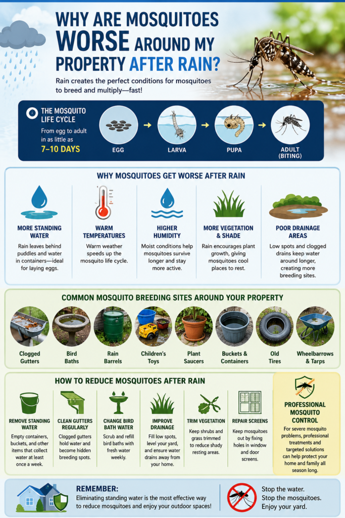 A colorful infographic explaining why mosquitoes become more common after rain, featuring the mosquito life cycle, standing water breeding sites, factors that increase mosquito activity, common backyard breeding locations, practical prevention tips, and professional mosquito control solutions illustrated with icons and realistic images.