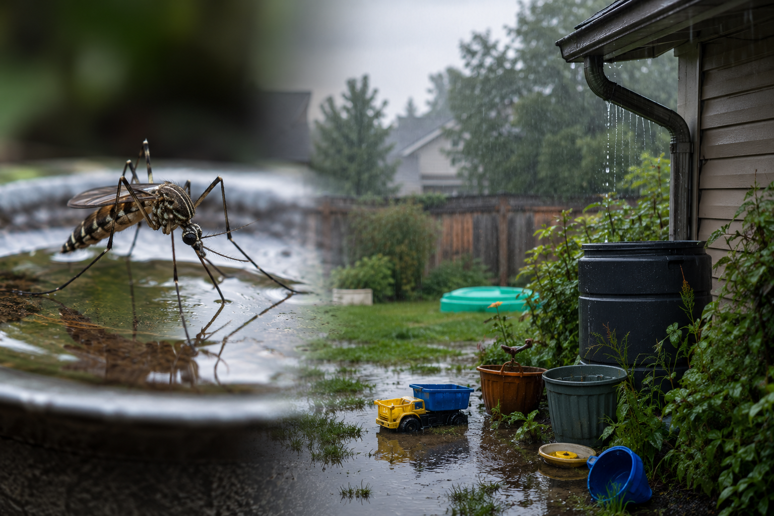 A close-up of a mosquito standing on a puddle beside a rain-soaked backyard with standing water, overflowing gutters, containers, and wet vegetation, illustrating how rainfall creates ideal mosquito breeding conditions.