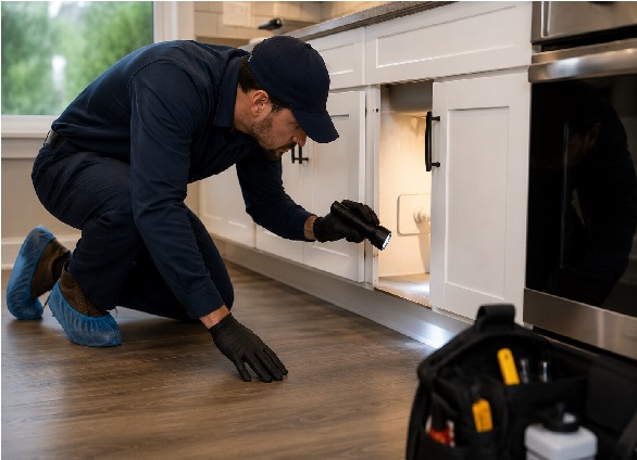 Professional pest control technician inspecting the kitchen cabinets beneath a sink in a residential home during a routine pest inspection.