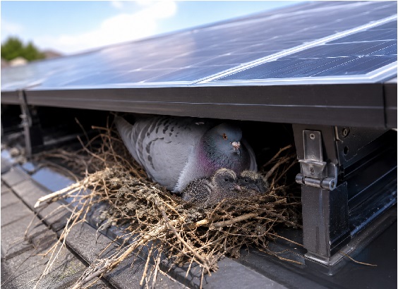Close-up of a pigeon nesting with two chicks beneath rooftop solar panels on a Calgary home, illustrating how the sheltered space under solar panels provides an ideal nesting site for birds.