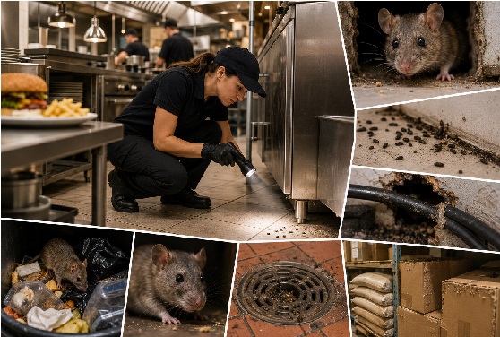 Professional pest control technician inspecting a commercial restaurant kitchen with a flashlight while a collage shows mice, rodent droppings, entry holes, garbage, floor drains, storage areas, and other signs of rodent activity.