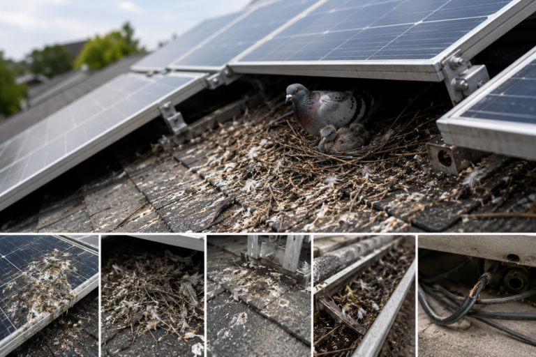 Close-up view of pigeons nesting beneath rooftop solar panels, with accumulated twigs, feathers, droppings, and debris surrounding the panels. Supporting images show bird droppings on solar panels, nesting materials under the array, roof contamination, clogged gutters, and damaged electrical wiring caused by pigeon activity.