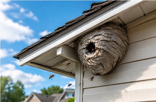 Large wasp nest attached beneath a residential roof eave in Calgary with several wasps flying around the entrance, illustrating a common wasp infestation on a home.