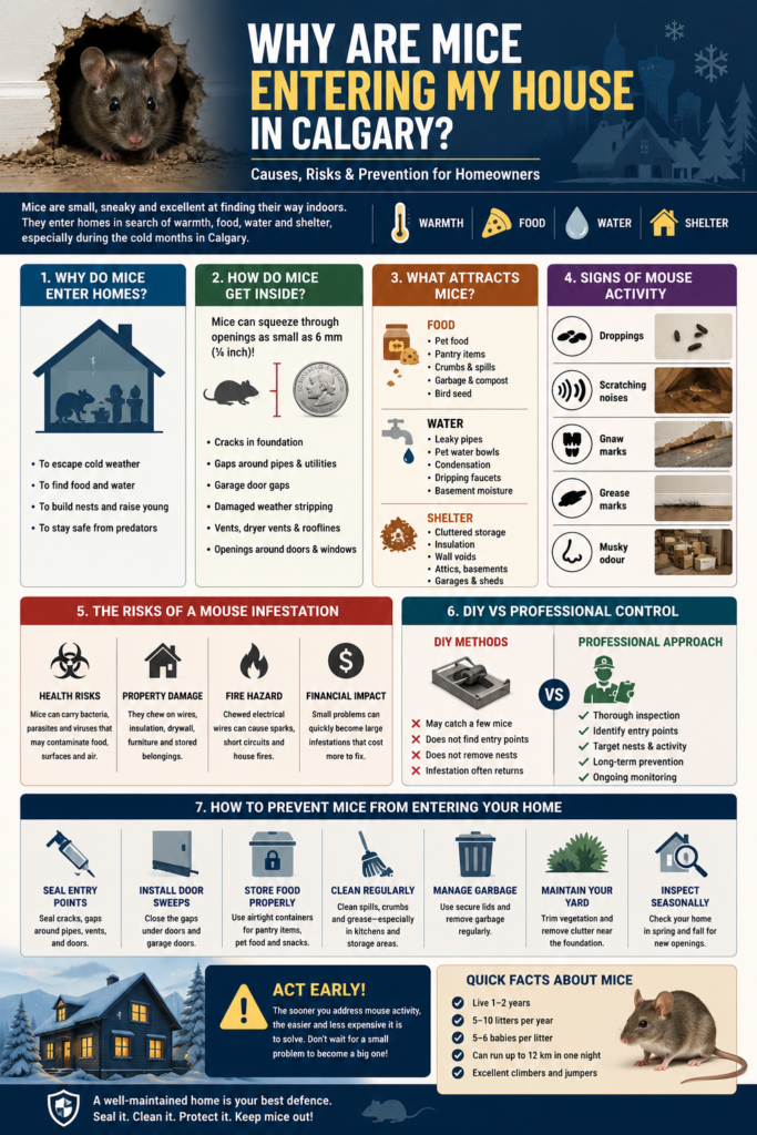 Infographic explaining why mice enter Calgary homes, including common entry points, food and shelter attractants, warning signs of mouse activity, health and property risks, and practical prevention tips for homeowners.