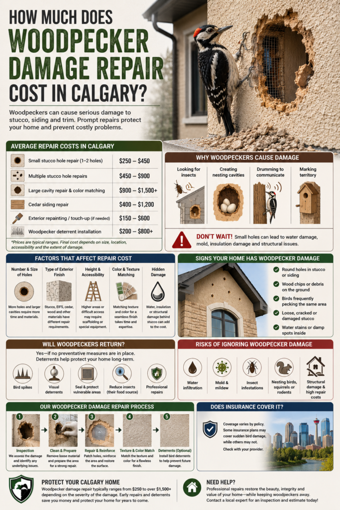 A comprehensive infographic about woodpecker damage repair costs in Calgary, Alberta, featuring a woodpecker pecking a large hole in a stucco wall, estimated repair cost ranges, reasons for woodpecker damage, factors affecting repair prices, warning signs, prevention methods, potential risks of delayed repairs, a step-by-step repair process, and insurance considerations illustrated with realistic images, icons, and diagrams.
