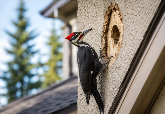 Woodpecker pecking at stucco wall. Woodpecker control Calgary.