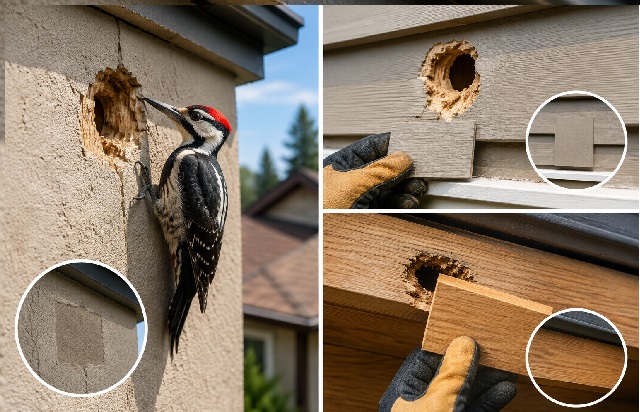 Woodpecker Damage Repair in Calgary: How to Fix Holes in Stucco, Siding, and Wood Woodpecker perched on a Calgary home exterior beside a large hole in stucco, with repair examples showing patched siding and wood trim damage.