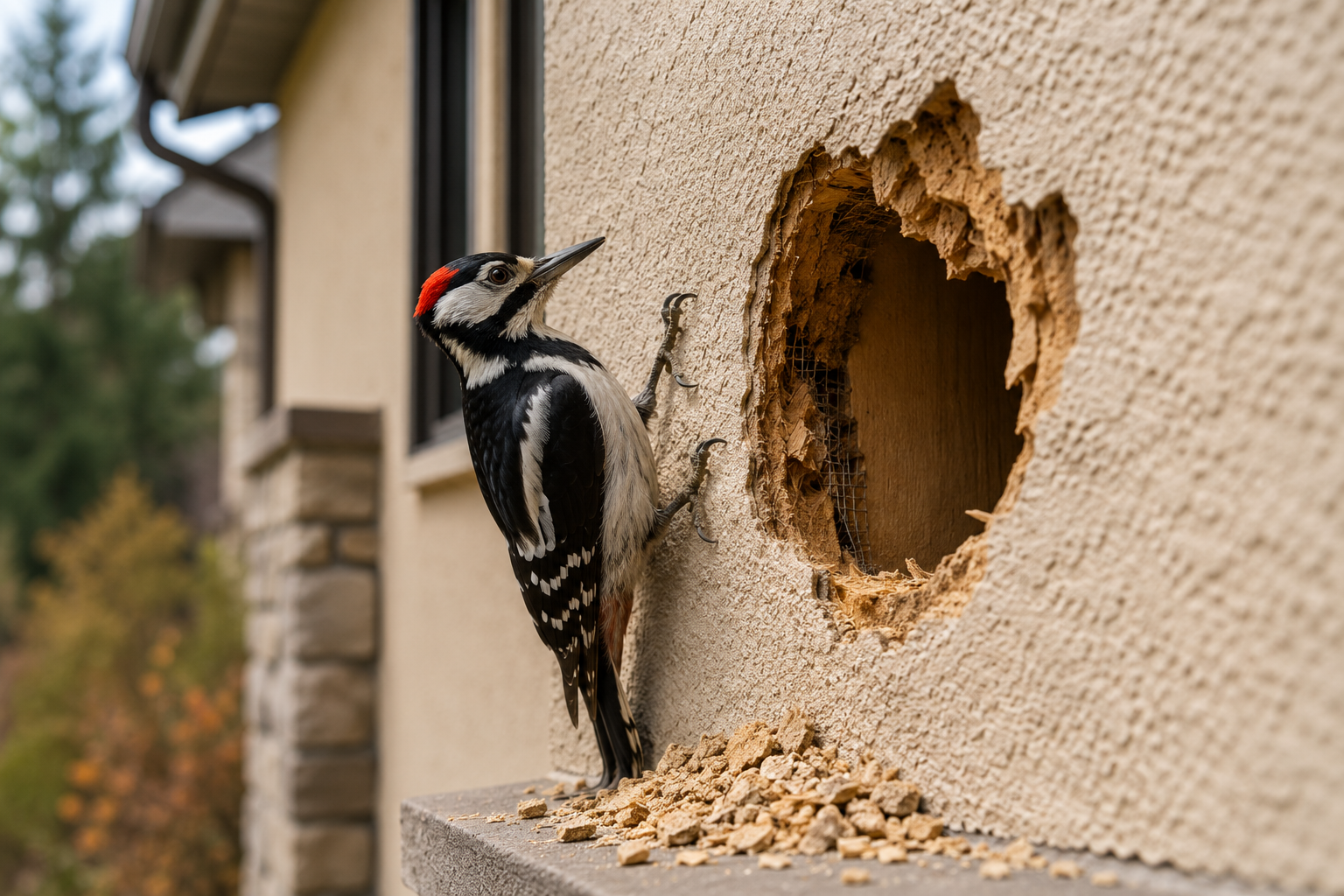 A woodpecker clings to the stucco exterior of a Calgary home beside a large hole it has pecked into the wall, exposing the underlying materials and highlighting the type of damage that can require professional repair.