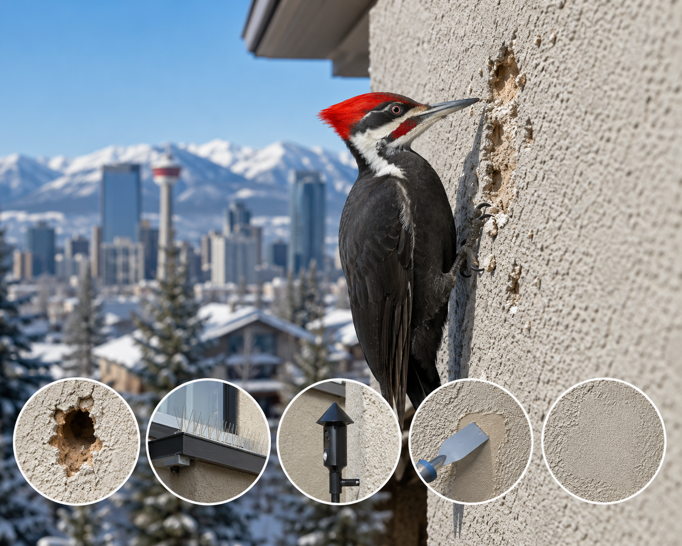 A large woodpecker with a bright red crest clings to the exterior stucco wall of a Calgary home, pecking at a damaged section of the siding while nearby rooftops and trees appear softly blurred in the background.
