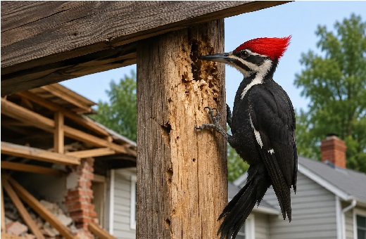 Woodpecker pecking at wooden post. Woodpecker damage repair in Calgary and nearby areas.