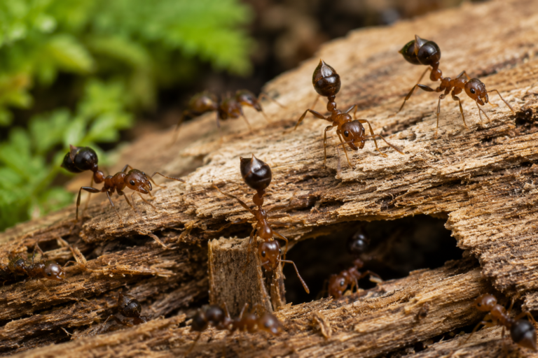 Acrobat ants (Crematogaster spp.) with raised, heart-shaped abdomens moving across decaying wood near a nest opening, illustrating their distinctive defensive behavior and wood-associated habitat.