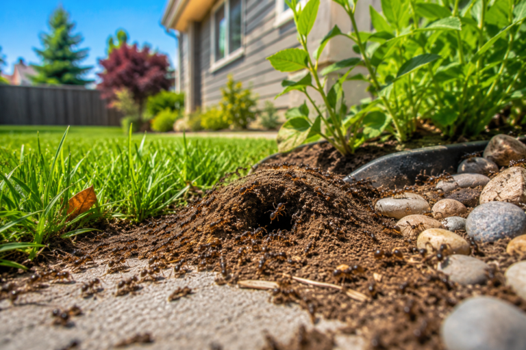 Close-up of an active ant colony building a soil mound in a residential backyard with grass, landscaping stones, and a house in the background.