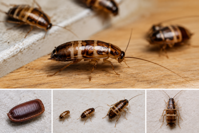 Brown-banded cockroach (Supella longipalpa) showing adult, nymph and egg case life stages