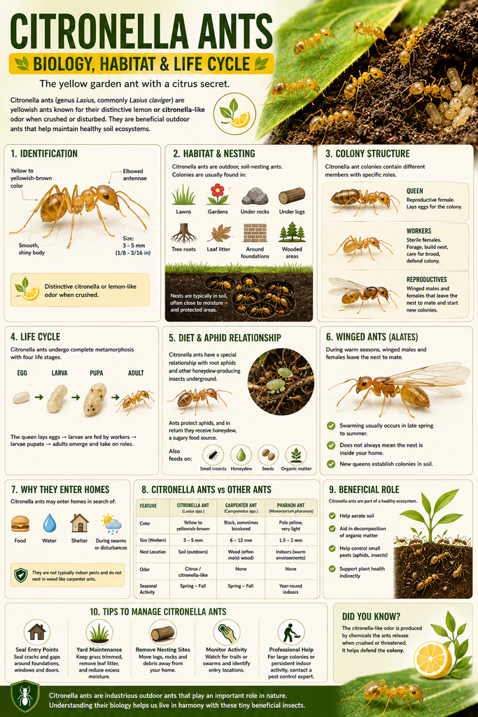Educational infographic about citronella ants (Lasius spp.), covering their identification, yellowish colour, distinctive citronella-like odor, outdoor soil-nesting habitat, colony structure, life cycle, diet, relationship with root aphids, winged reproductive ants, reasons they may enter homes, differences from carpenter and Pharaoh ants, ecological benefits, and prevention tips.