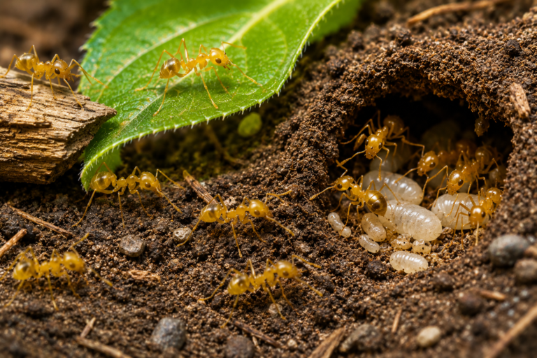 Citronella ants (Lasius spp.) foraging around a soil nest, with golden-yellow worker ants tending their underground colony and brood near vegetation and decaying wood.