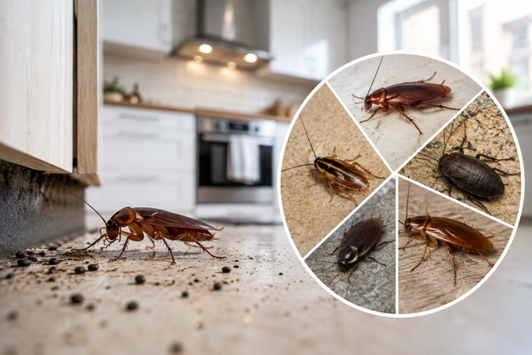 Cockroach infestation in a Calgary kitchen showing a cockroach near cabinet areas and examples of different cockroach species.