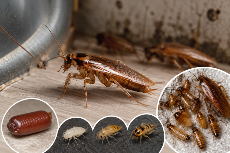German cockroach life cycle showing an adult cockroach, egg case and developing nymphs