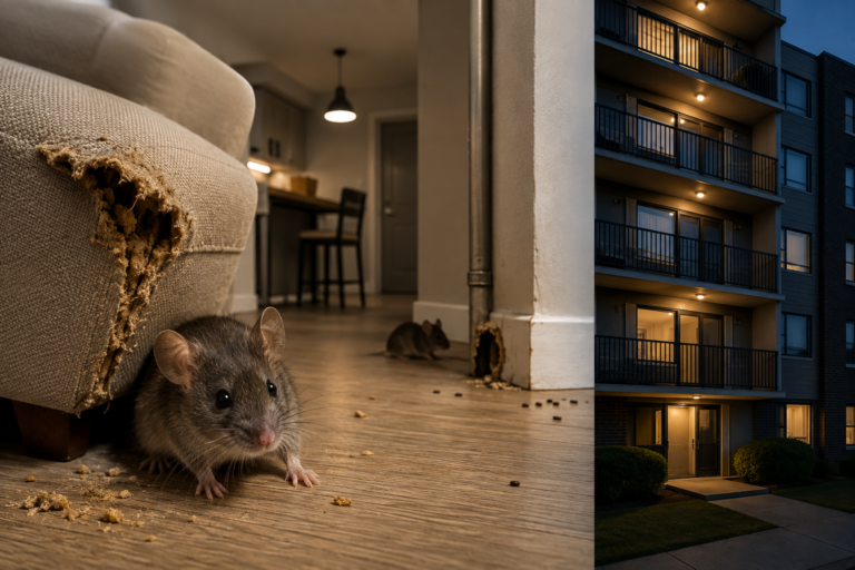 Mouse infestation inside a multi-dwelling apartment, showing a mouse near a damaged sofa, droppings and another mouse near a wall opening, with an apartment building exterior visible beside the scene.